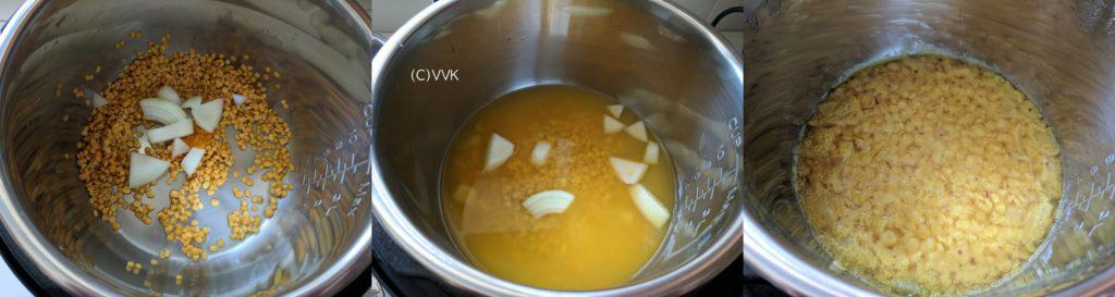 Adding the toor dal, water, turmeric powder and chopped onion to the Instant Pot