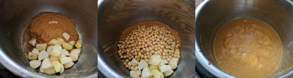Adding ground paste, soaked white peas, chopped potatoes and water