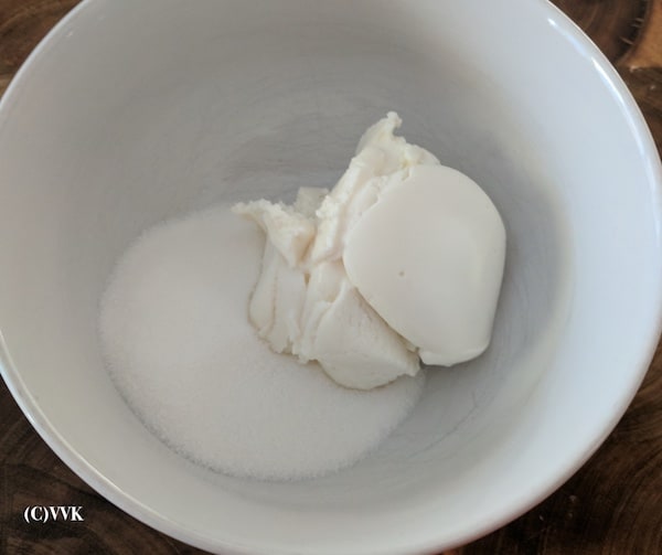 ricotta cheese and sandesh in a microwave safe bowl