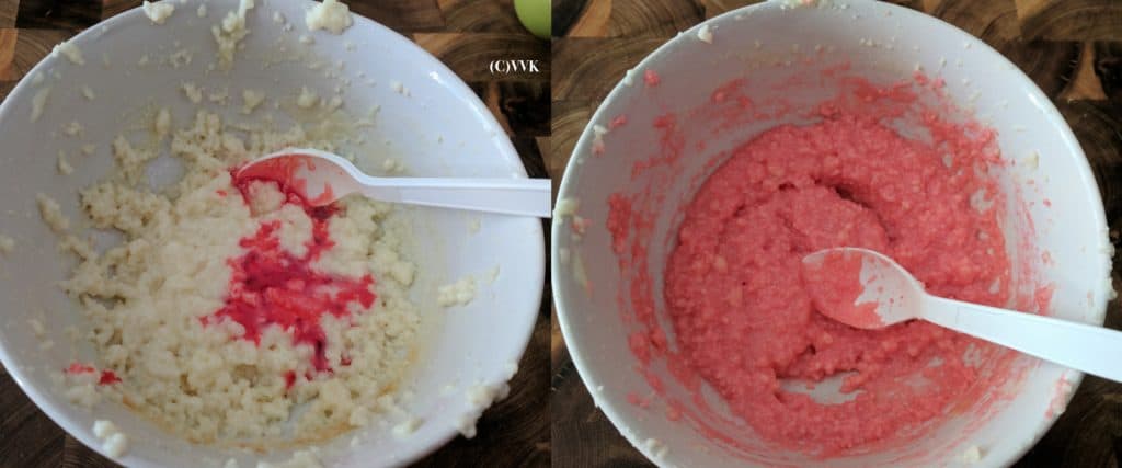 adding rose syrup to ricotta cheese and sugar