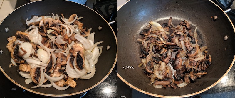 Preparing onions and mushrooms