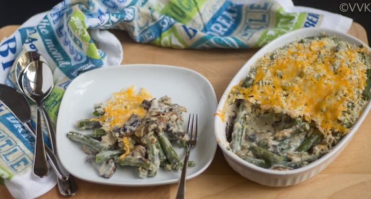 Green Bean Casserole and a plate full of the delicious dish, decorated with a colorful towel