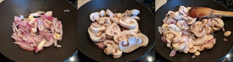 Adding the onion and mushrooms and cooking until translucent