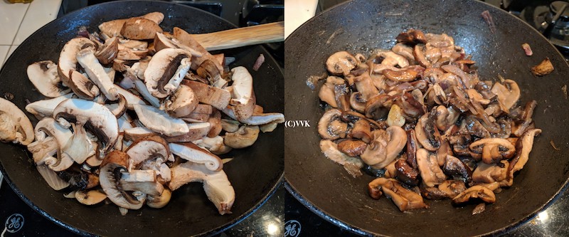Adding the white mushrooms, salt, and pepper, then sauteeing.