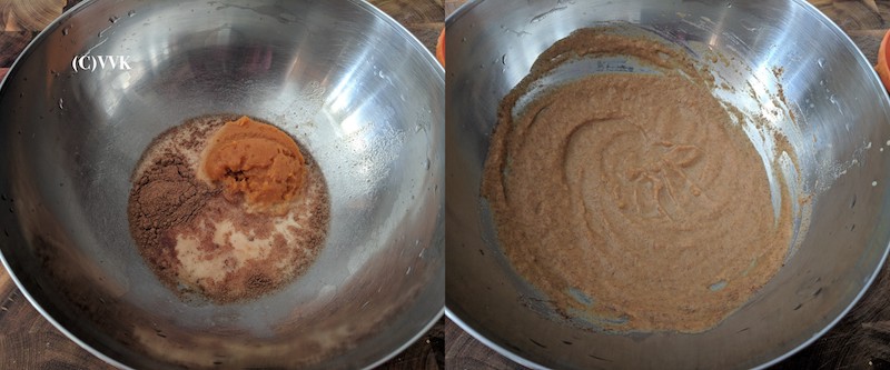 Mixing pumpkin puree, vanilla essence, milk and pumpkin spice