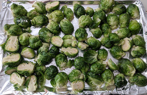 Lining Brussels Sprouts on a baking tray