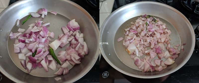 Adding the onion and green chili to the pan