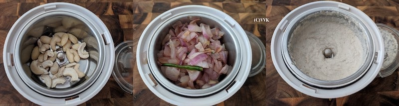 Grinding onion, green chili along with soaked nuts