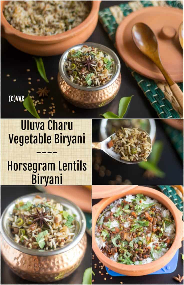 Ulava Charu Vegetable Biryani collage with text overlay