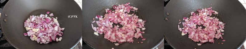 Heating a pan, adding oil, onion and garlic