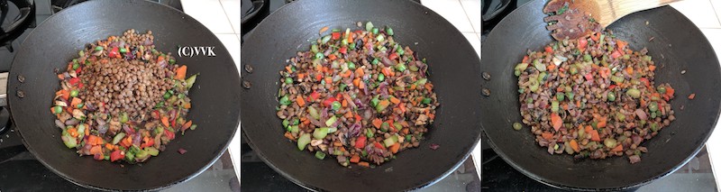Adding cooked lentil along with water, then mixing well