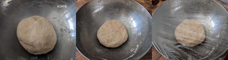 Adding water to a big metal bowl and kneading the dough