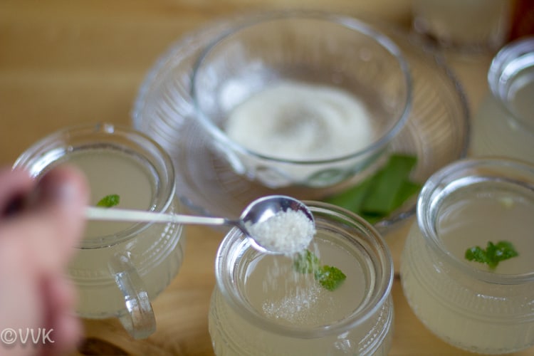 Making the delicious Aloe Vera Juice at home and serving in three cute cups