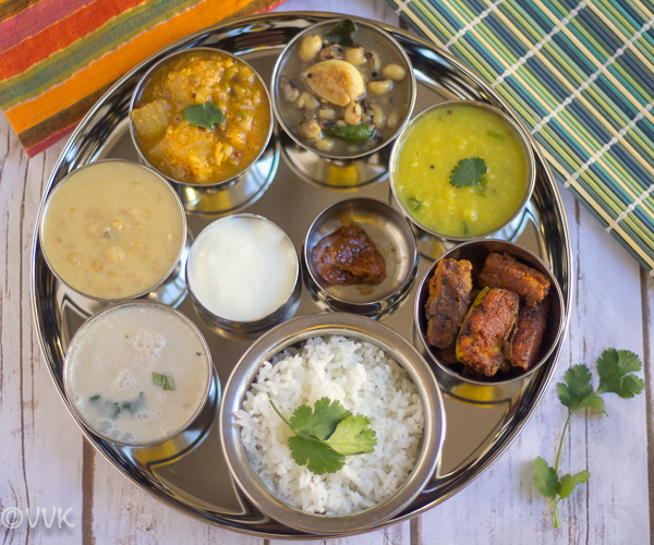 Delicious Vegetarian Konkani Thali on a tray