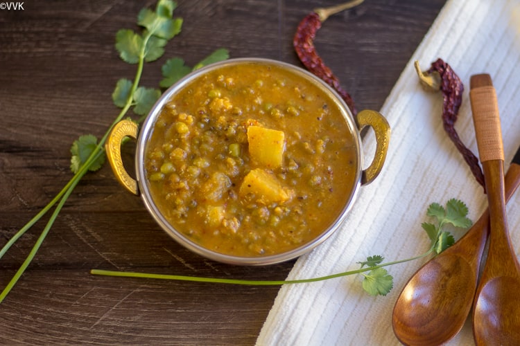 Konkani Special Sprouted Moong Dal Curry served in a pan