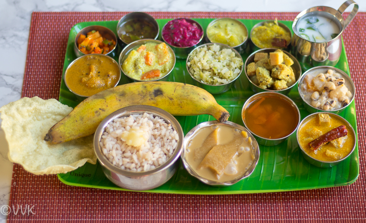 Onam Sadya Thali served in a green tray