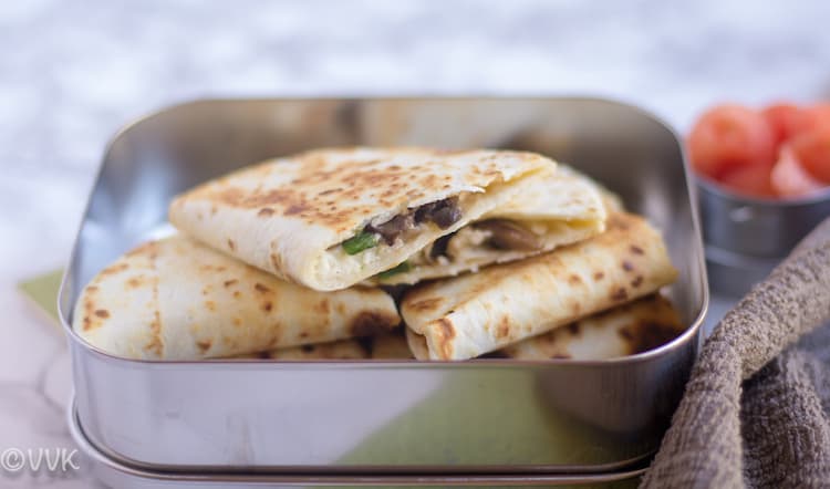 Queso Mushroom Quesadillas stacked on top of each other