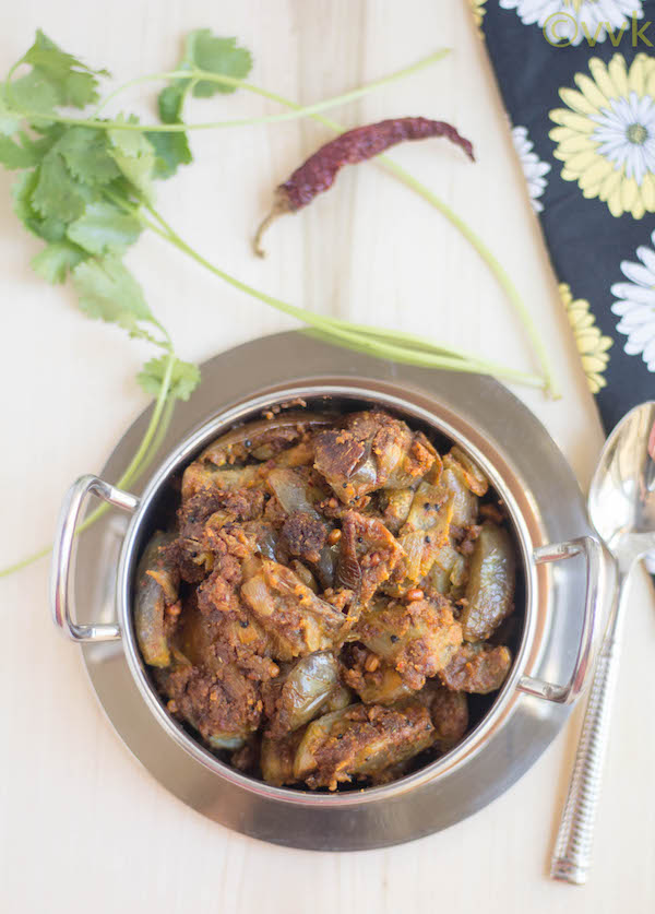 top angle shot of brinjal curry with cilantro on the top