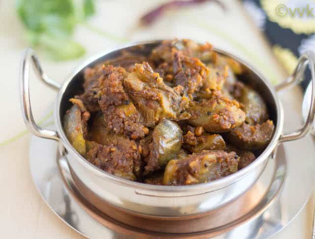 brinjal curry in a kadai style bowl