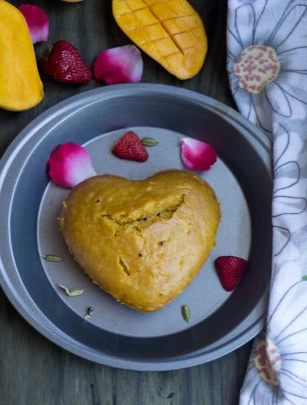 Instant Pot Eggless Mango Cake with Cardamom Served in a pan