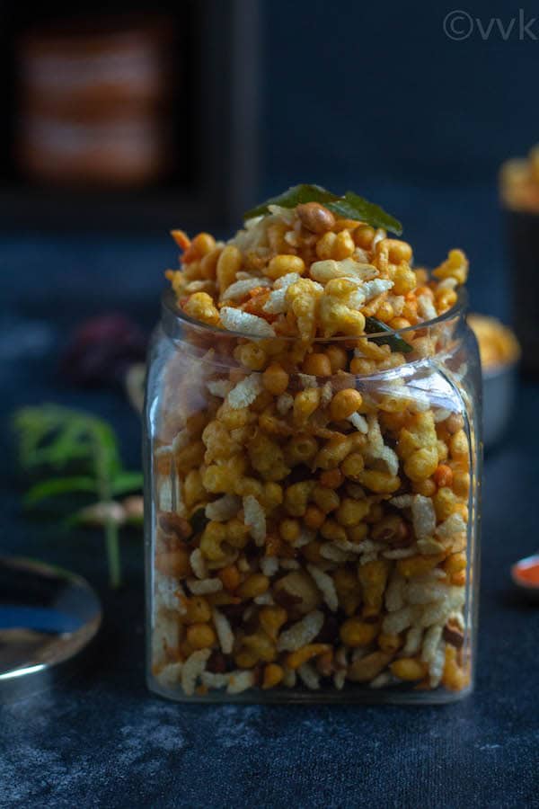 South-Indian style Kara Boondi Mixture in a glass jar