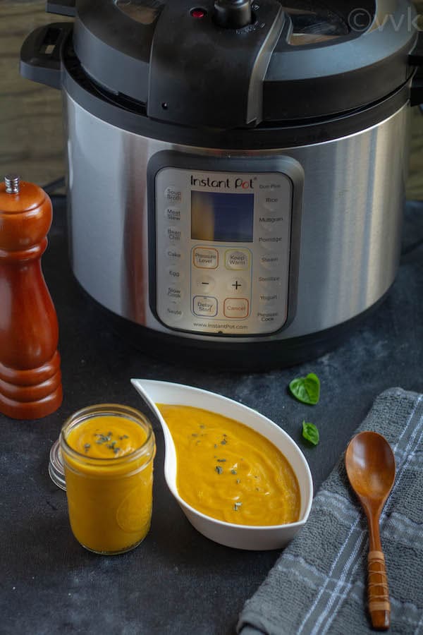 Delicious Curried Sweet Potato Sauce with an Instant Pot in the background