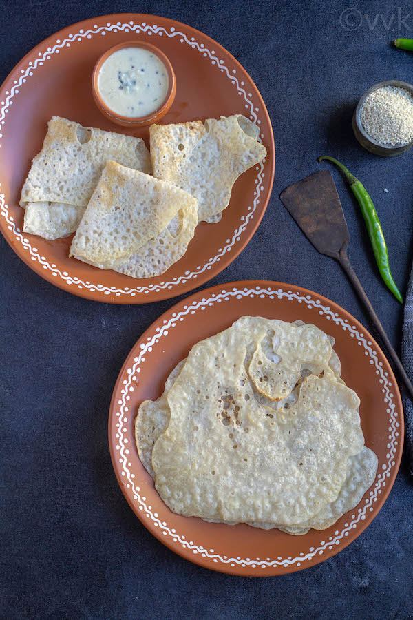 Barnyard Millet Neer Dosa served in two authentic plates