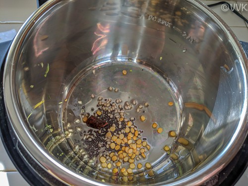 Adding mustard seeds, urad dal, channa dal, and cinnamon stick