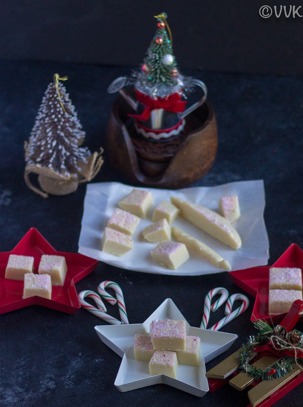 White Chocolate Peppermint Fudge served in festive star-shaped plates