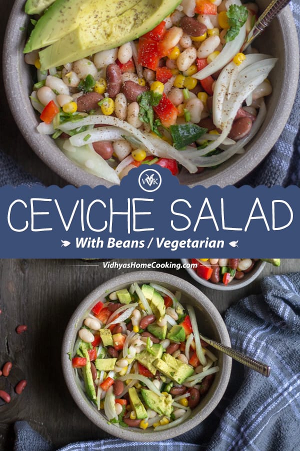 Vegetarian Ceviche Salad with beans collage with text overlay