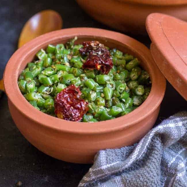 close up shot of green beans poriyal