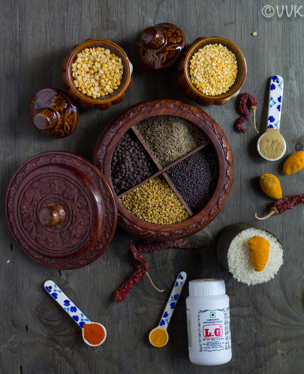 indian spices including lentils, rice and hing