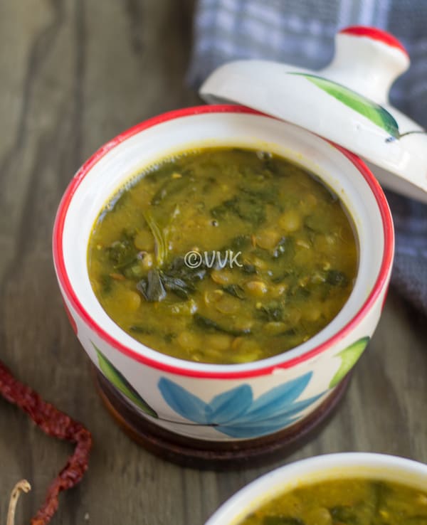 Instant Pot Green Lentils and Spinach Curry - Dal Palak - Served in a Cute Little Bowl on the Wooden Table