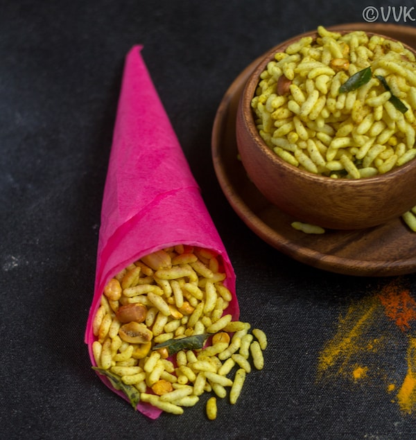 Masala Pori in a pink paper wrap and in a bowl