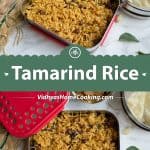 Tamarind Rice or Puliodarai collage of two images with text overlay