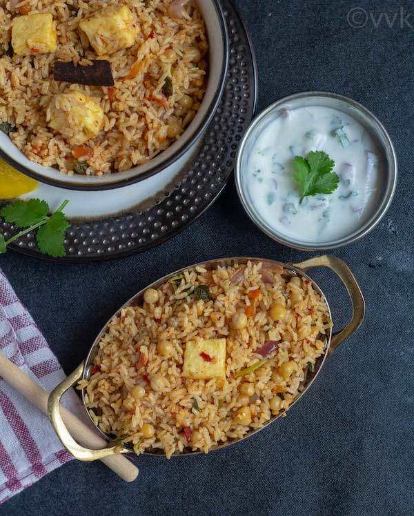 Top angle of ambur vegetarian biryani with paneer and white peas