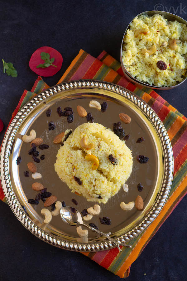 mishti pulao top angle on a plate