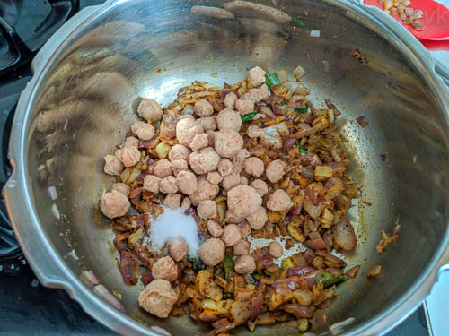 Bhatkal Biryani Step 3 - adding soya chunks and salt
