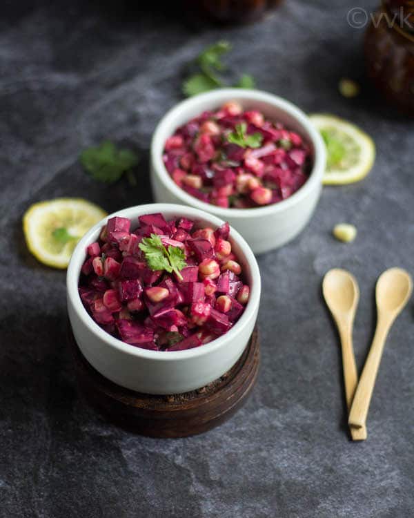 beet and corn salad in white bowl