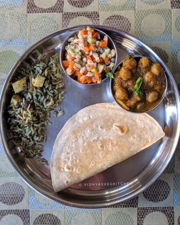 everyday cooking, roti, chole and salad