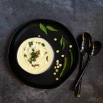 top angle shot of coconut chutney in a black bowl place on a black plate with green chilies and curry leaves on the side