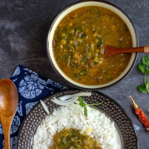 mixed dal tadka with beet greens in a bowl and on a plate with rice