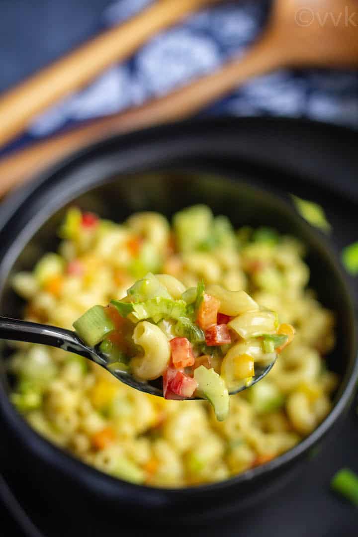 pasta salad in a spoon ia blurred background of pasta bowl