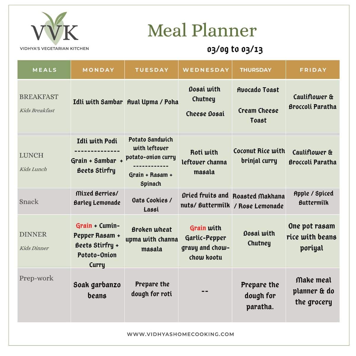 indian meal planner with leftover makerover ideas