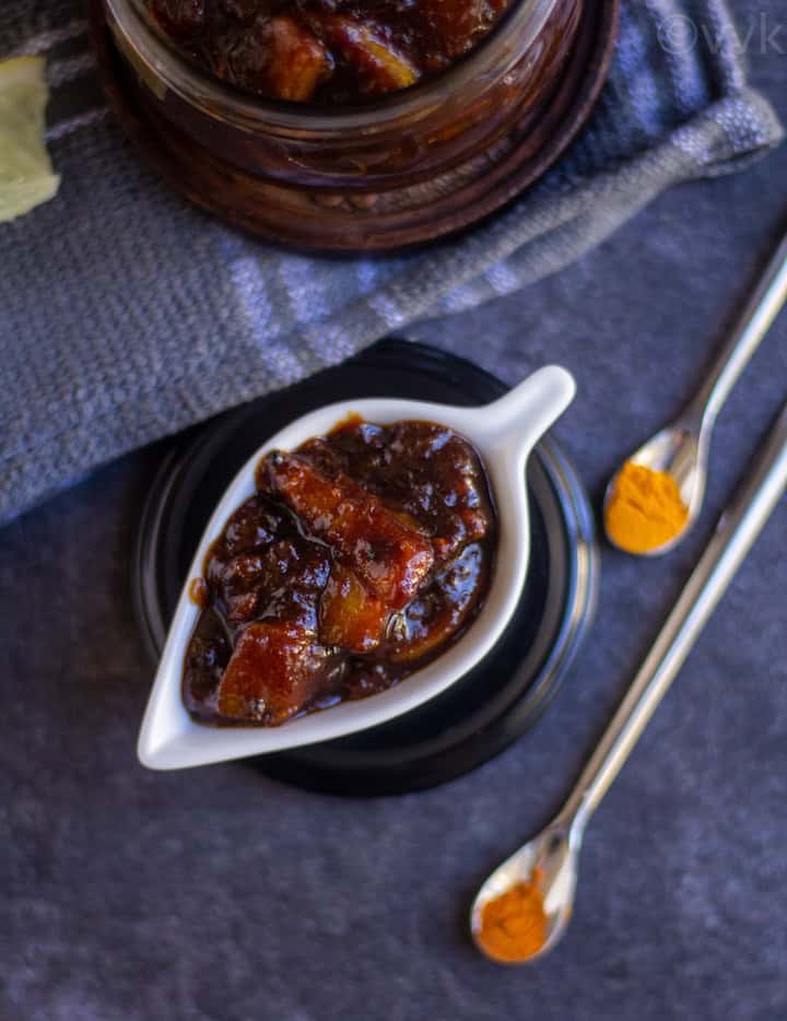 top angle shot of lemon pickle in a white bowl