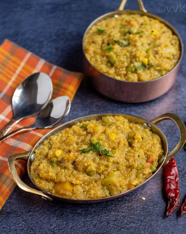easy pressure cooker sambar rice served in two brasswares