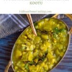 top angle shot of ridge gourd curry in a brass serve ware with a spoon inside with text overlay for pinterest