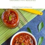 tomato onion relish in a white bowl and mason jar with text overlay for pinterest