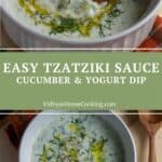 cucumber yogurt sauce for pinterest with text overlay