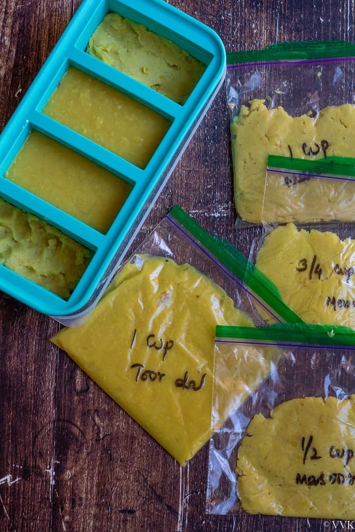 cooked dal portioned and saved in silicone trays and ziplock bags